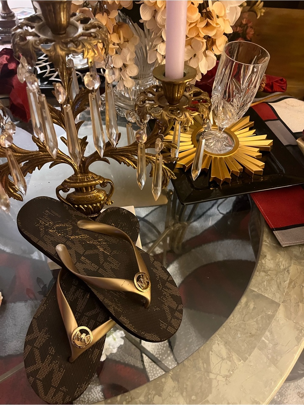 Michael Kors Brown Footbed Flip Flops with Gold Straps😋